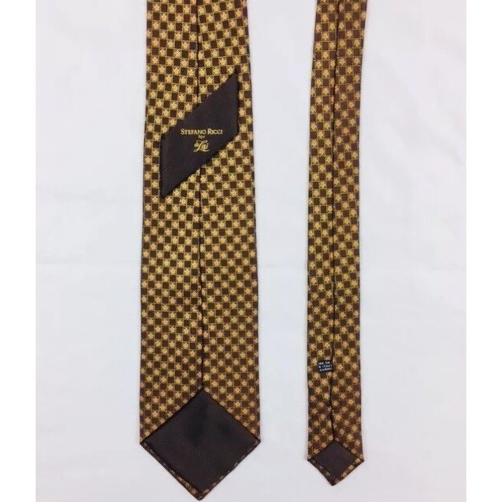 STEFANO RICCI Brown Geometric Floral Inlay Silk Necktie 4 x 59 Made in Italy